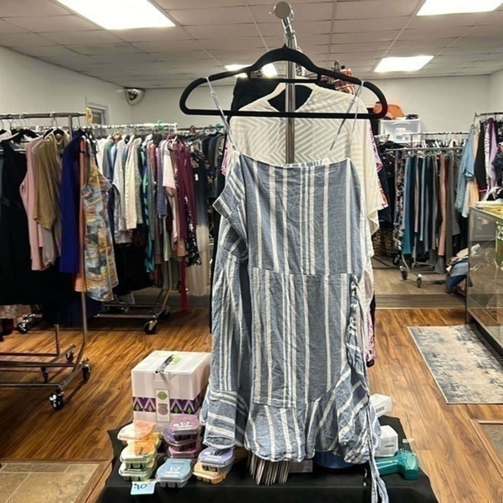 EXPRESS Striped Chambray Square Neck Ruffle Cami Dress size L